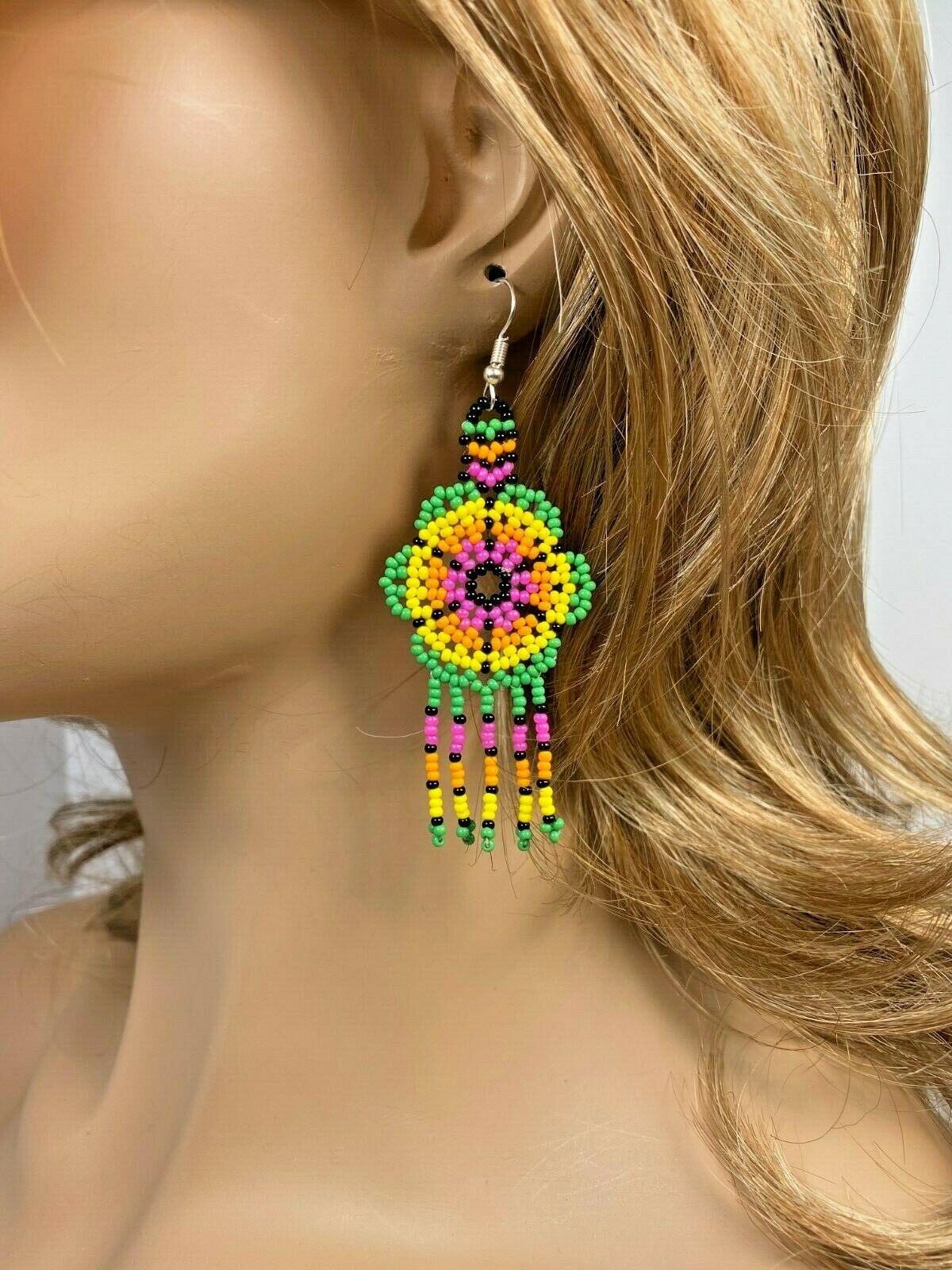 Native Style Handmade Ethnic Flower Green Beaded Chandelier Earrings E61/10