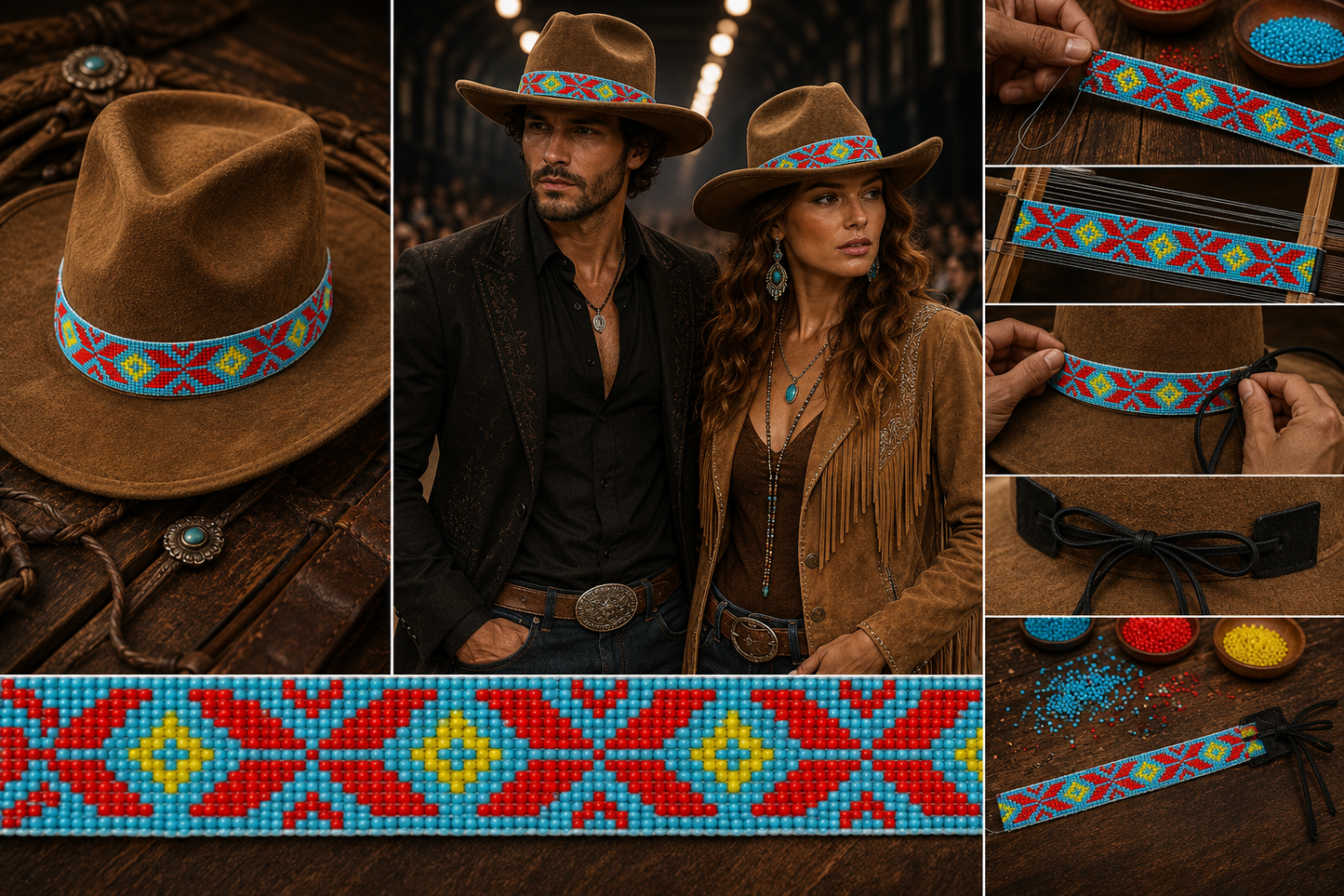 Handmade Western beaded Cyan Blue Red Cowboy Rhodeo Hatband