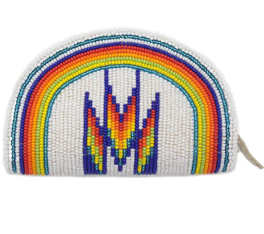 Hand Beaded Native American Inspired Ethnic Style Seed Bead Coin Purse - White Rainbow