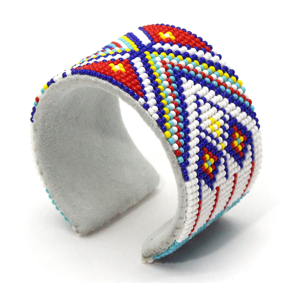 Handmade Beaded Cuff - White Red Blue Geometric Pattern - Adjustable and Bendable