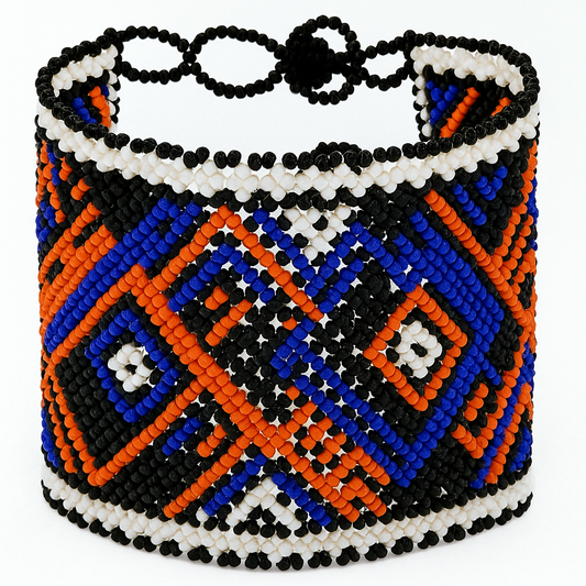 Handmade Geometric Beaded Cuff- Blue Orange