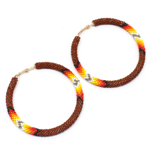 Handmade beaded Brown native style 3 inch hoop earrings