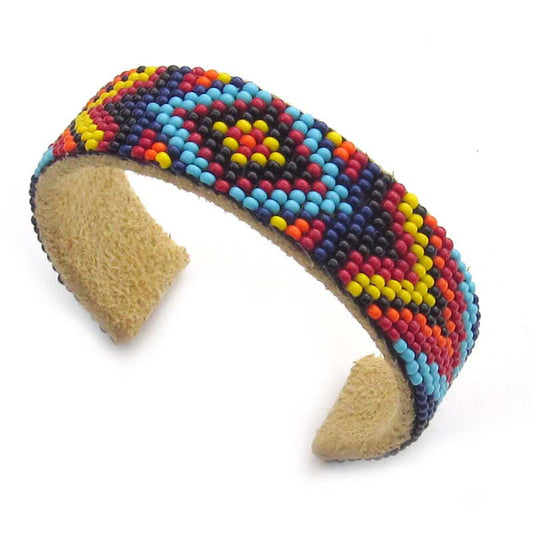 Handmade Multi Color Diamond Geometric Pattern Southwestern Seed Bead Bracelet Hard Cuff Leather