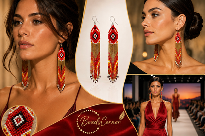 Handcrafted Czech Beaded Red Fringe Earrings – 5 Inch Statement Dangle Earrings