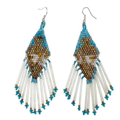 Handmade End Of Trail Brown White Delica Seed Bead Big Earrings