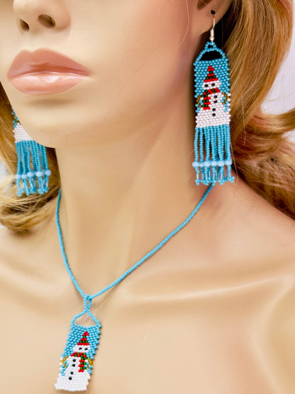 Handmade Beaded Christmas Snowman Long Necklace Earrings Set