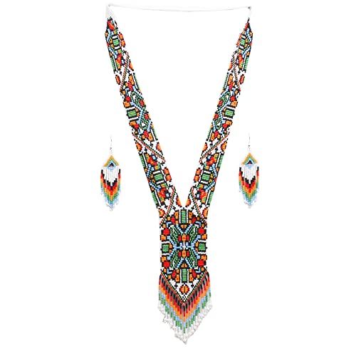 Native Tribal Style Long Statement Beaded Necklace for Women Y Shape - Green Orange Southwest