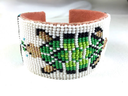 Handmade Beaded White Green Turtle Pattern Leather Hard Cuff Bracelet