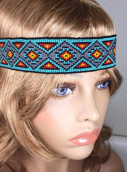 Blue Orange Handmade Beaded Stretchable Headband