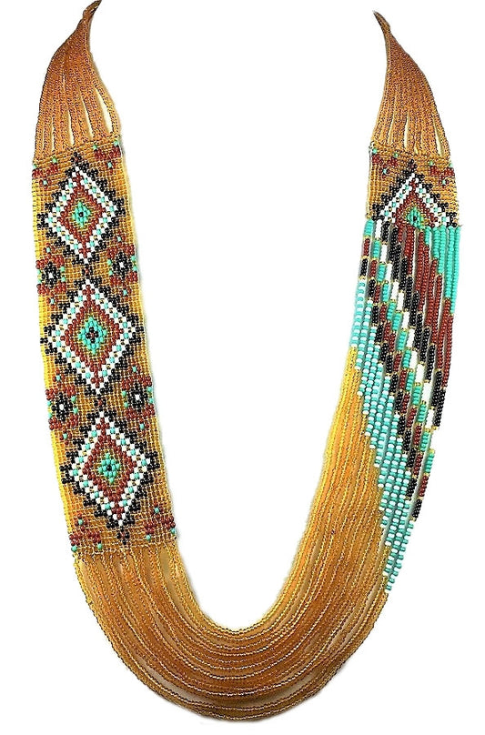 New Handmade Yellow Beaded Geometric Necklace Earrings Set