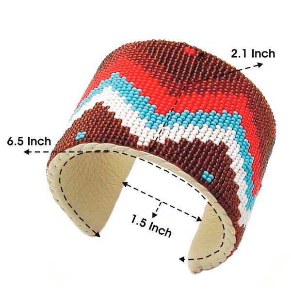 Brown Blue Red Cream Beadwork Unisex Beaded Wide Cuff Bracelet Leather