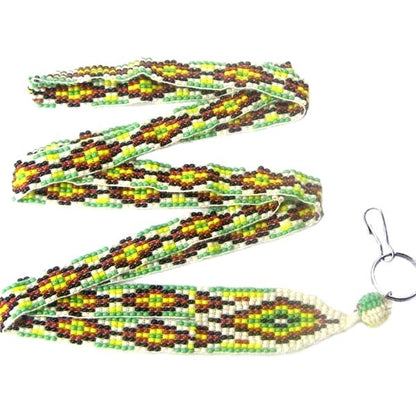 Green Red Yellow Seed Beaded Lanyard Geometric Beadwork Art
