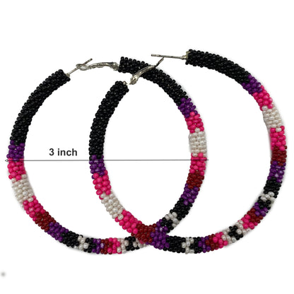 Handmade Native Style 3 Inch Hoop Earrings with Czech Seed Beads - Black Pink
