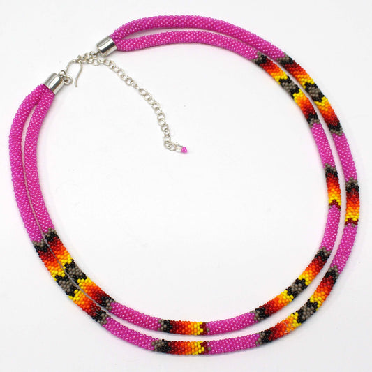 Handmade Beaded Deep Pink Rope double layered necklace