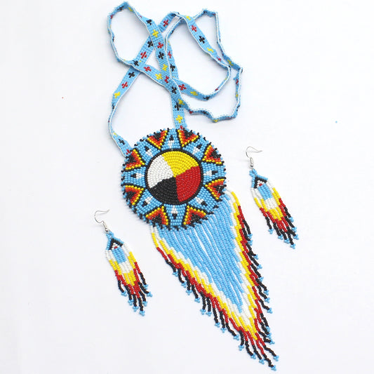 Handmade Beaded Necklace Earrings Set with 2-3 Inch Rosette Pendant - 4 Direction Cyan Blue