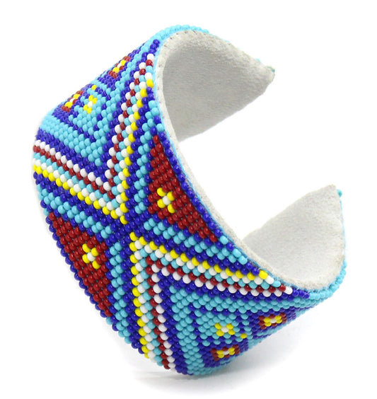 Handmade Beaded Geometric Pattern Cyan Blue Cuff Bracelet with Suede Backing - Bendable and Adjustable