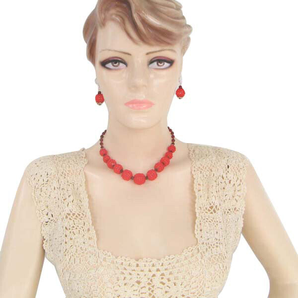 Handmade Beaded Christmas Red Statement Necklace Earrings Set - Festive Holiday Jewelry