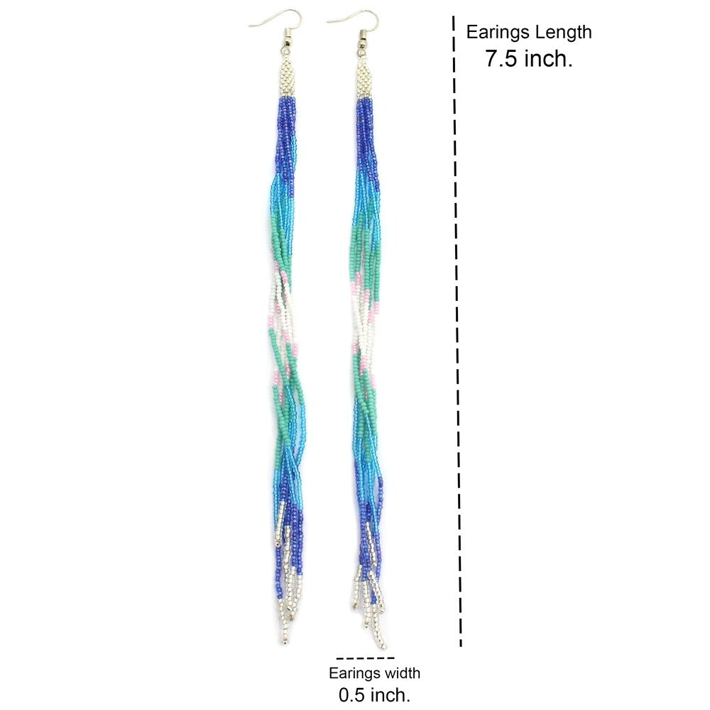 Blue Multi Glass Seed Beads Beaded Extra Long Earrings 7.5 Inch