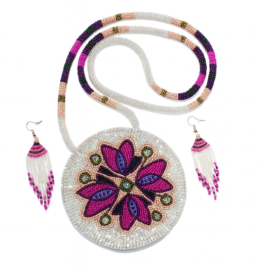 Pink Purple Floral Beaded Pendant Necklace & Earrings Set