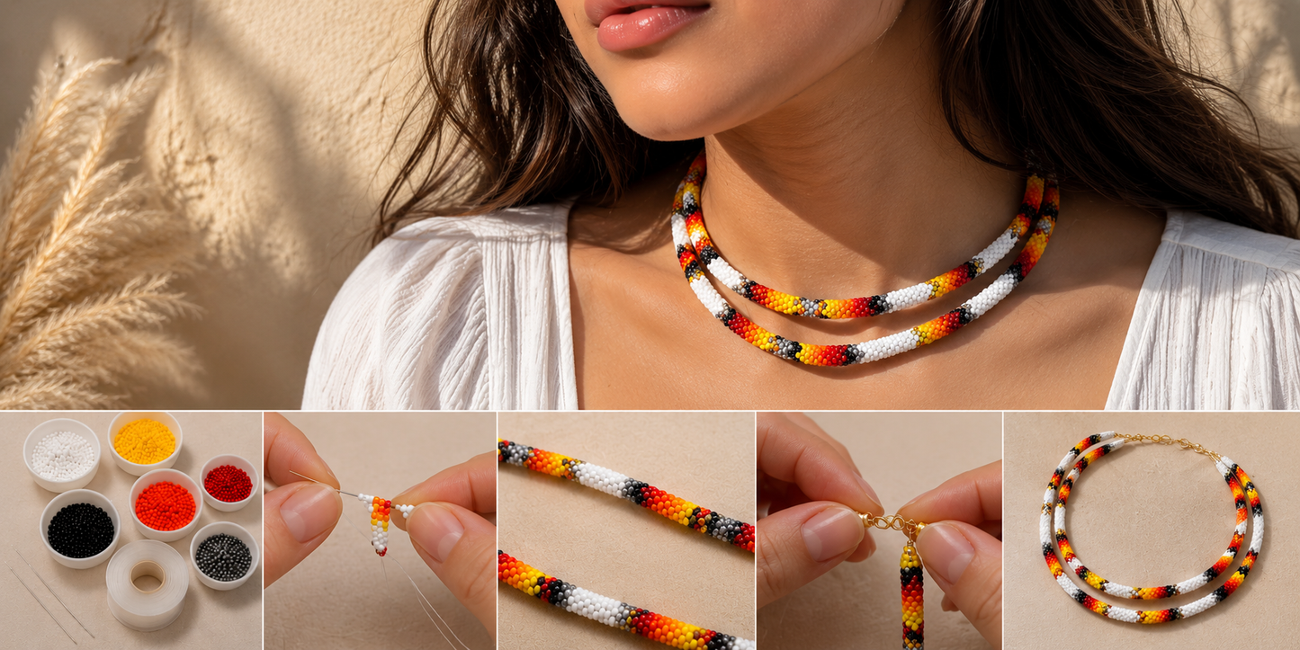 Native American Style Beaded Double Strand Rope Necklace - White Fire