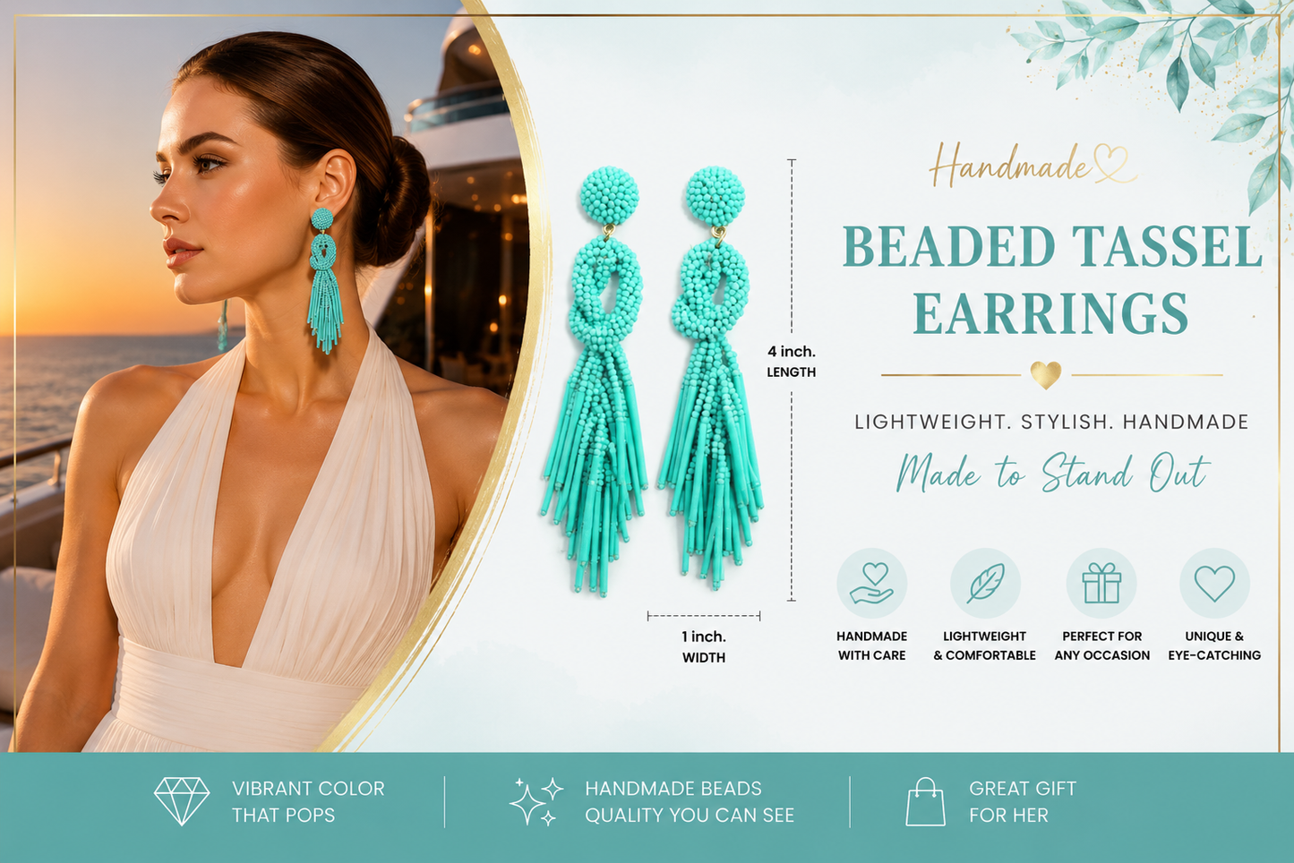 Handmade Beaded Solid Sea Green Color Post Statement Earrings for Women All Season - 4 inch Long Dangle with Celtic Knot Design - Czech Seed Beads - Sea Green