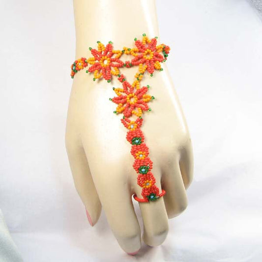 Orange Black Seed Bead Beaded Finger Bracelet Flower Beadwork
