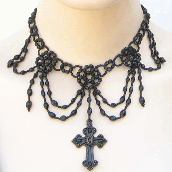 Black Victorian Grand Cross Beaded Choker Necklace