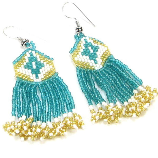 Handmade Blue Seed Beaded Big Native Style Earrings
