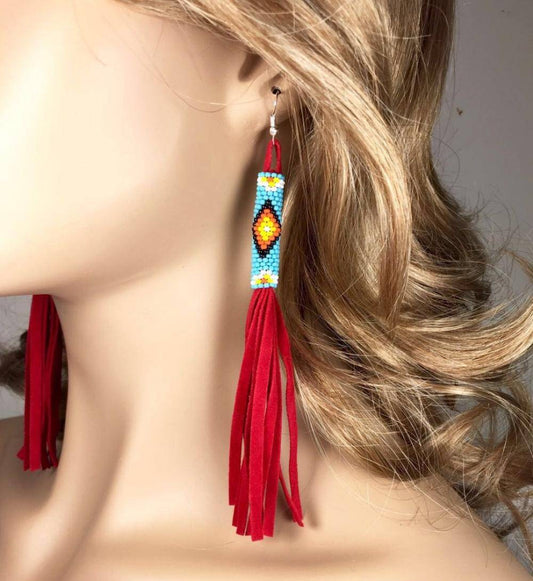 Red Beaded Suede Extra Long Earrings 6 Inch