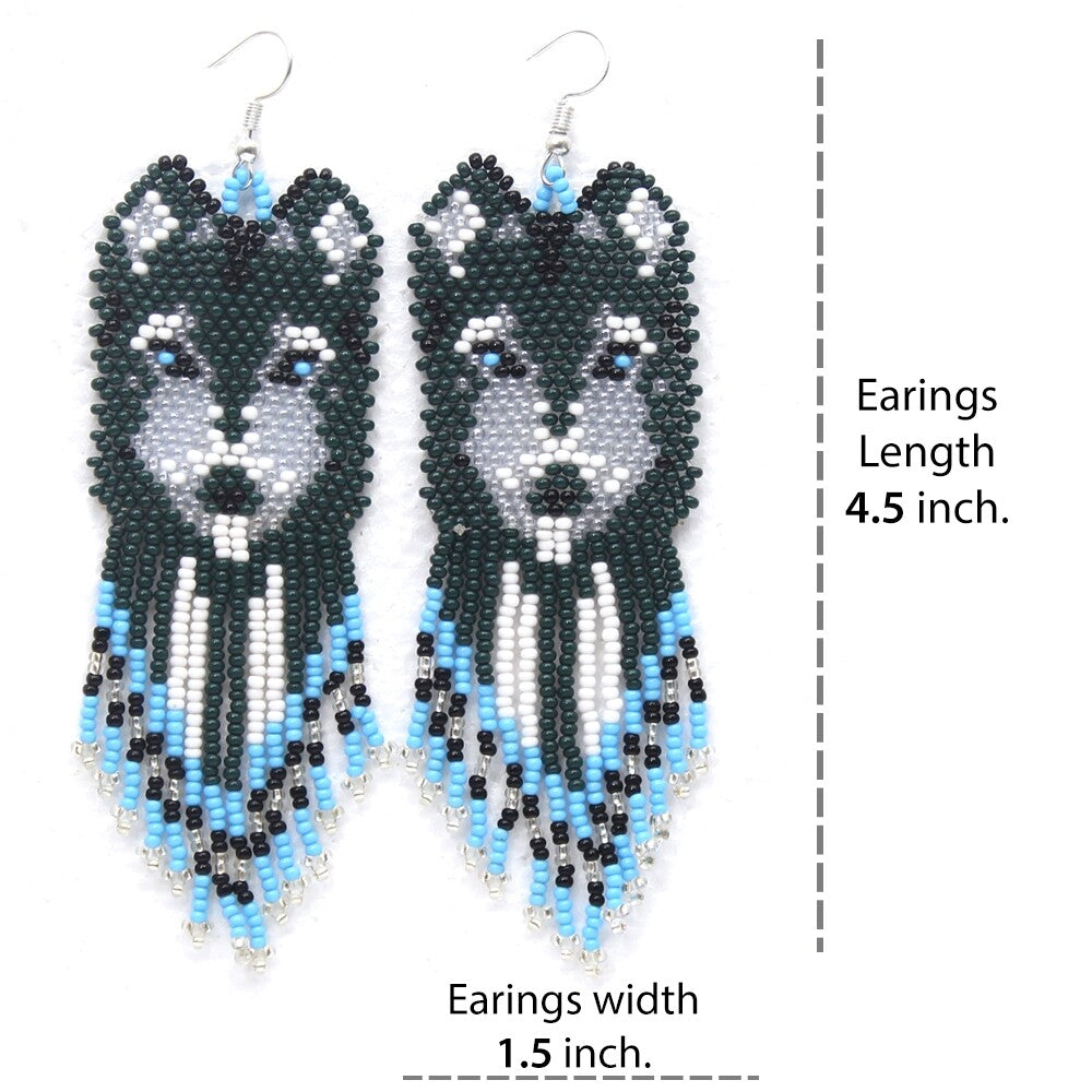 Handmade Beaded Green Blue Wolf Pattern Hook Earrings | Lightweight and Elegant