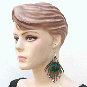 Handmade Beaded Natural Peacock Feather Big Earrings