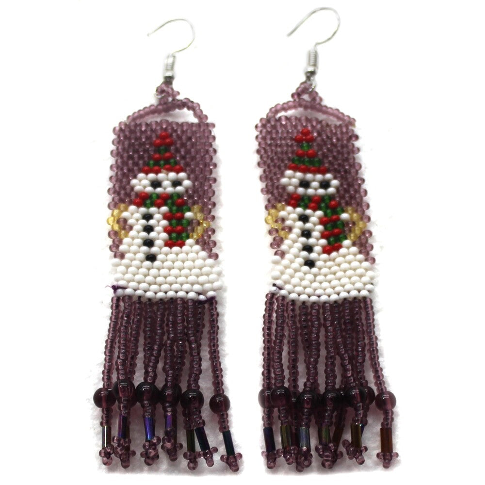 Festive Snowman Beaded Earrings – Purple & White