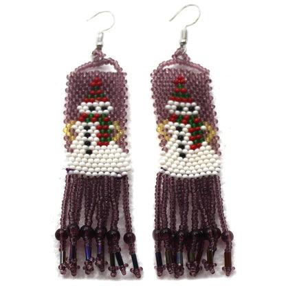 Festive Snowman Beaded Earrings – Purple & White