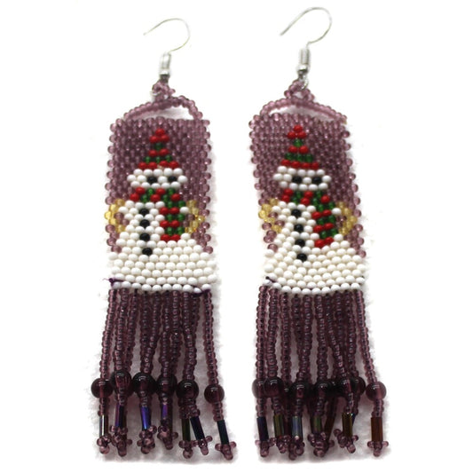 Festive Snowman Beaded Earrings – Purple & White