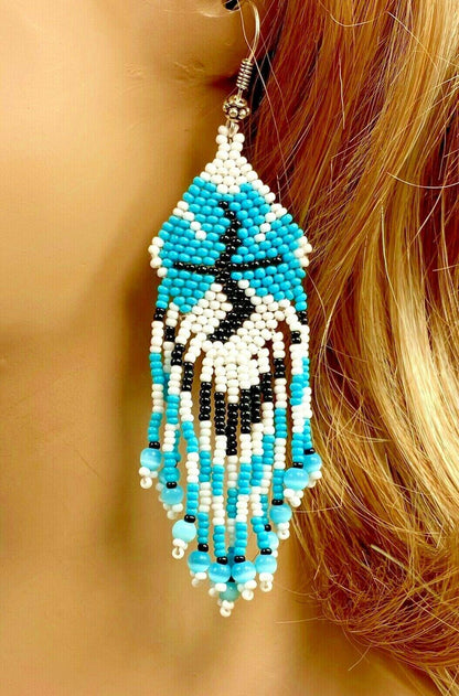 Native Style Ethnic Blue White Seed Beaded Handmade Chandelier Earrings E11/1