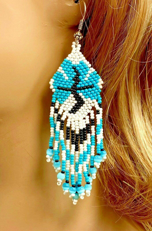 Native Style Ethnic Blue White Seed Beaded Handmade Chandelier Earrings E11/1