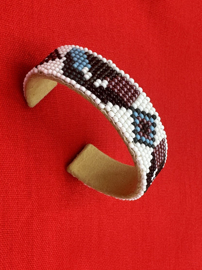 Handmade beaded White Bronze Blue cuff bracelet
