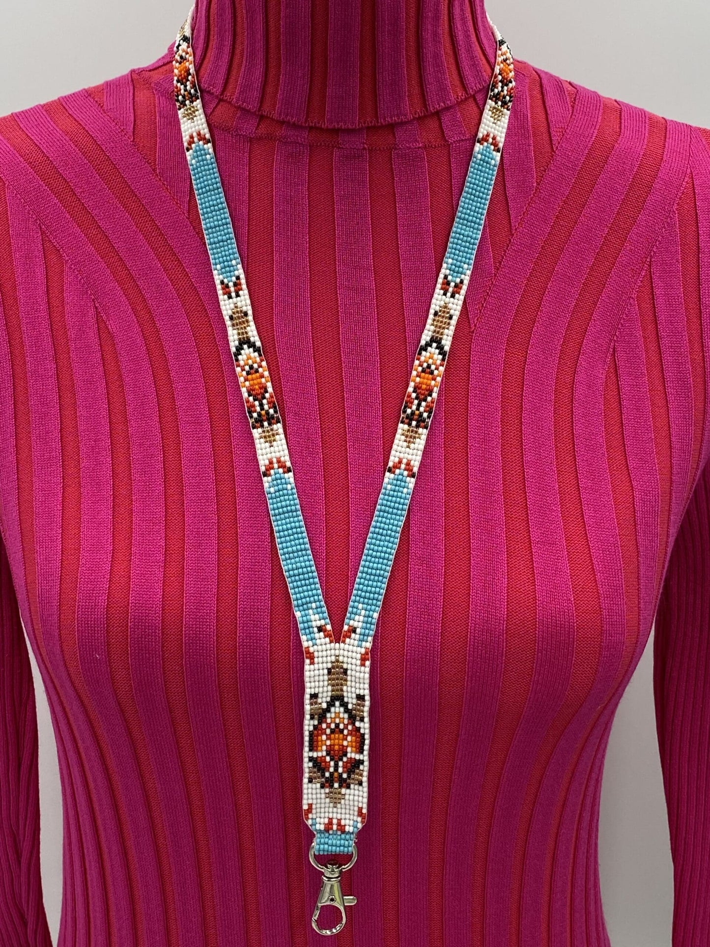Handmade Beaded Turtle Pattern Seed Beaded Lanyard ID Holder - Cyan Blue, White, Red, Gold