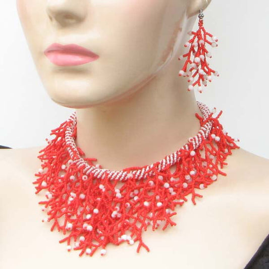 Coral Red Seed Bead Statement Necklace Set