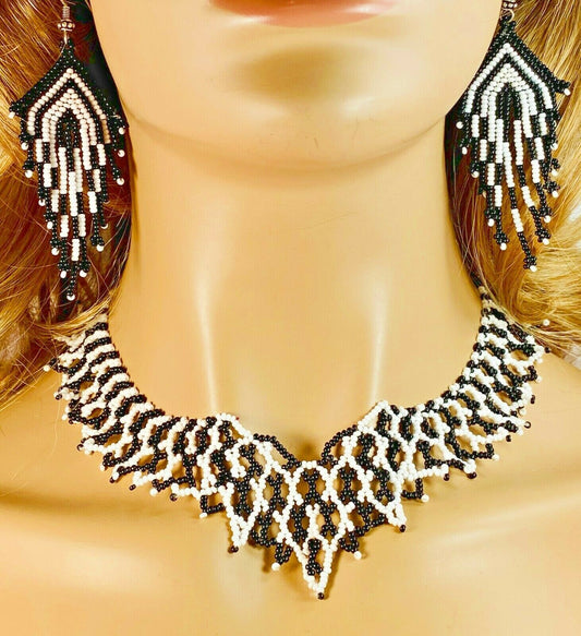 Elegant Black and White Beaded Collar Necklace and Earrings Set