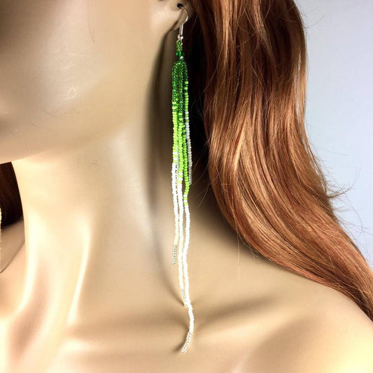Handcrafted Beaded Green Cream Extra Long Earrings
