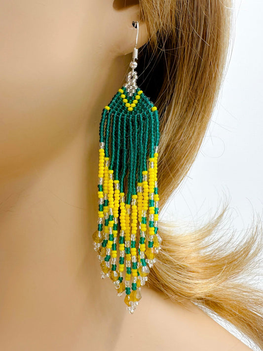 Handmade Beaded Aqua Blue Yellow Seed Bead Earrings, Lightweight Boho Statement Jewelry