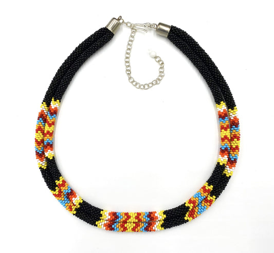 Native American Style Beaded Double Strand Rope Necklace - Black Fire