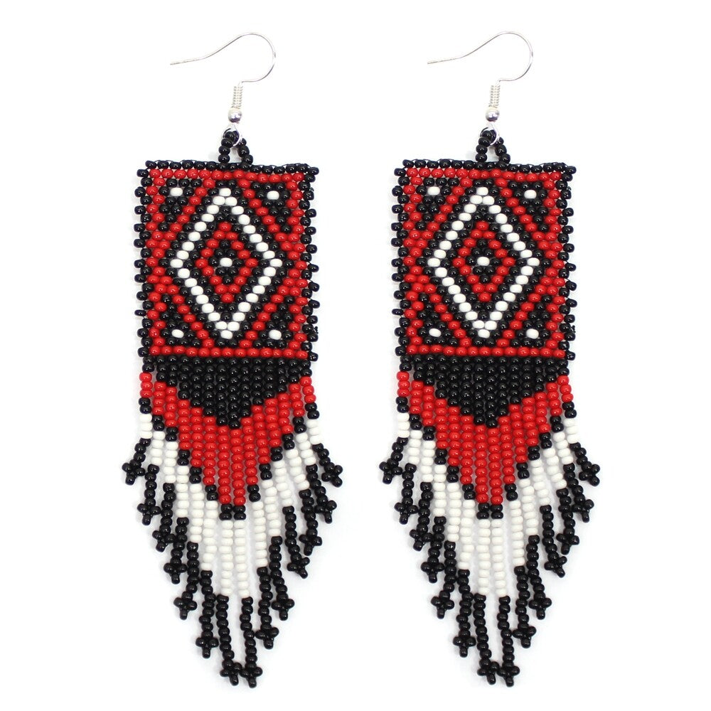 Handmade Beaded Black Red Seed Bead Medicine Mens Eye Big Earrings