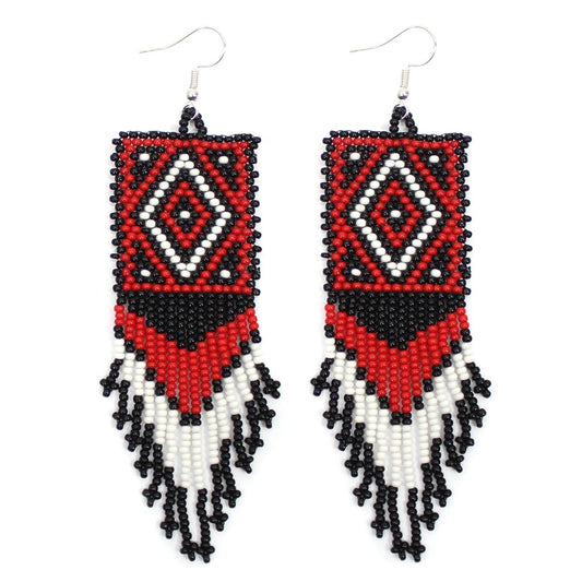 Handmade Beaded Black Red Seed Bead Medicine Mens Eye Big Earrings