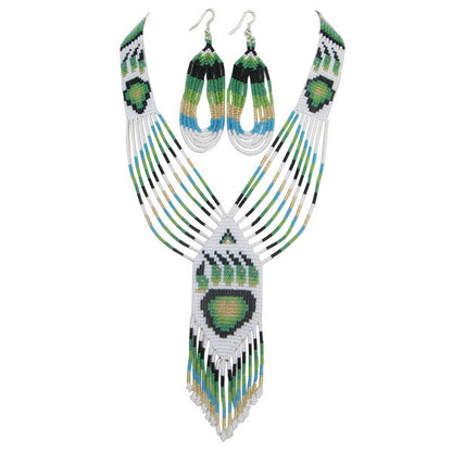 Handmade Beaded Green Bear Paw Statement Necklace Earrings Set