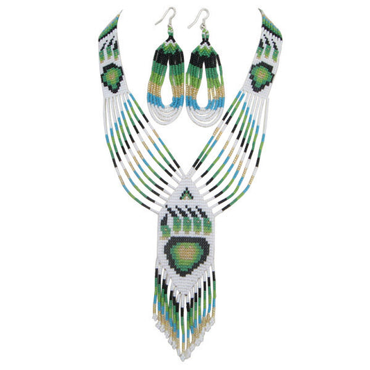 Handmade Beaded Green Bear Paw Statement Necklace Earrings Set