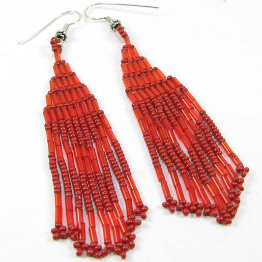 Handmade Beaded Red Bugle Seed Bead Earrings