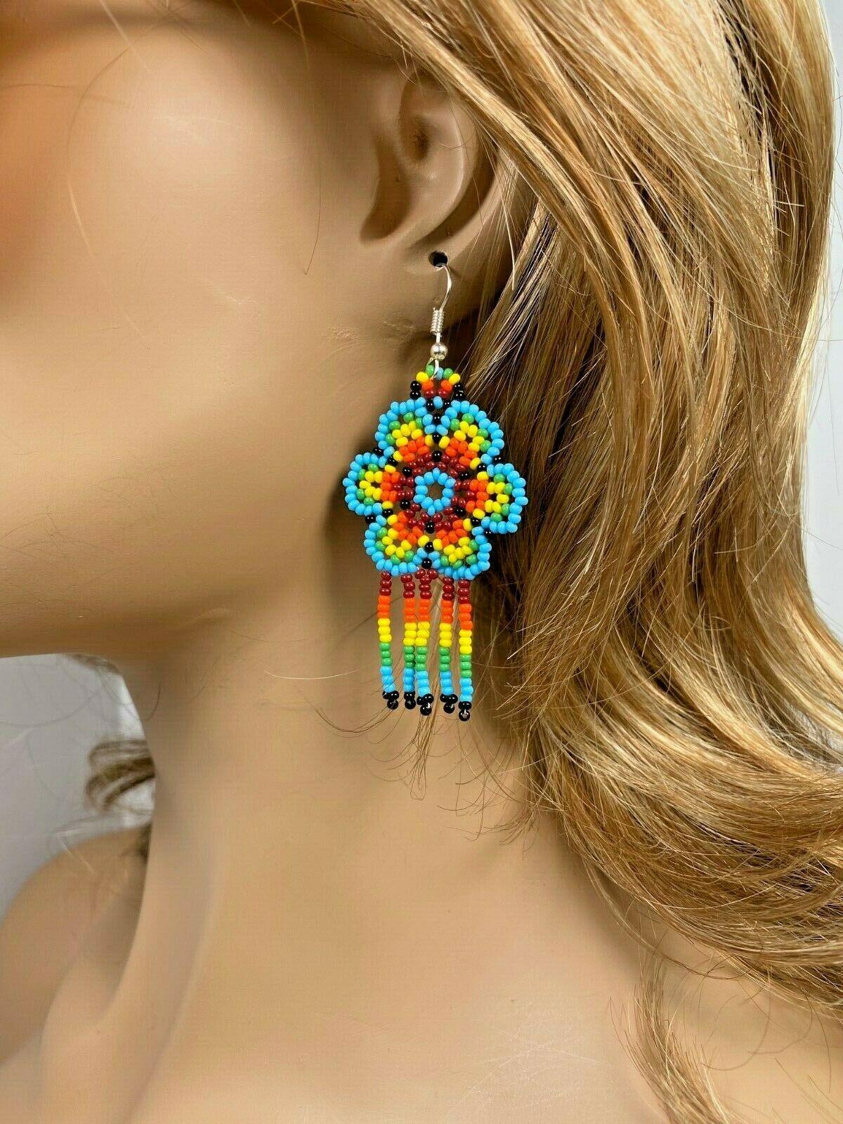 NATIVE STYLE HANDMADE ETHNIC FLOWER TURQUOISE BEADED CHANDELIER EARRINGS E61/8