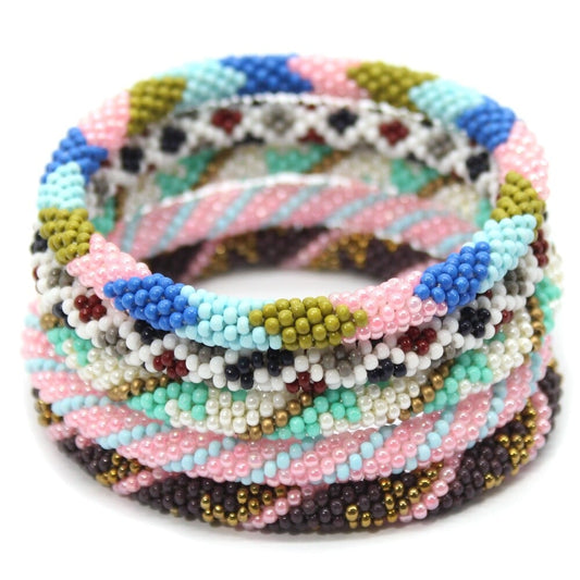 Handmade Pink Blue Cream Seed Beaded Crochet Bracelet
